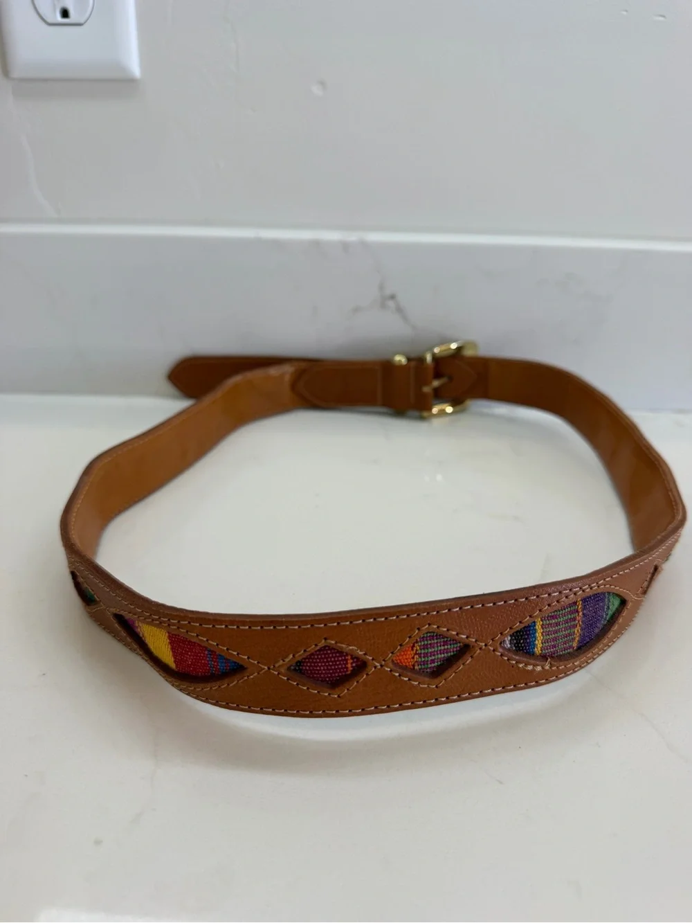 Womens Large Belt Genuine Leather Colorful Embroidered Inserts Brown